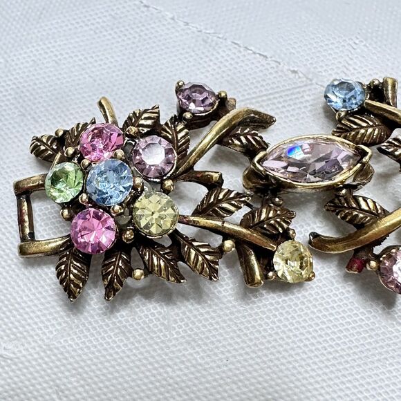 Vintage Set Signed CORO Bracelet 7" & Earrings Antique Gold Tone Rhinestones - Picture 11 of 16